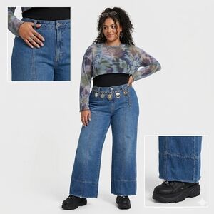 Size 16 High Rise Seamed Wide Leg Jeans Medium Wash Soft Stretch Denim